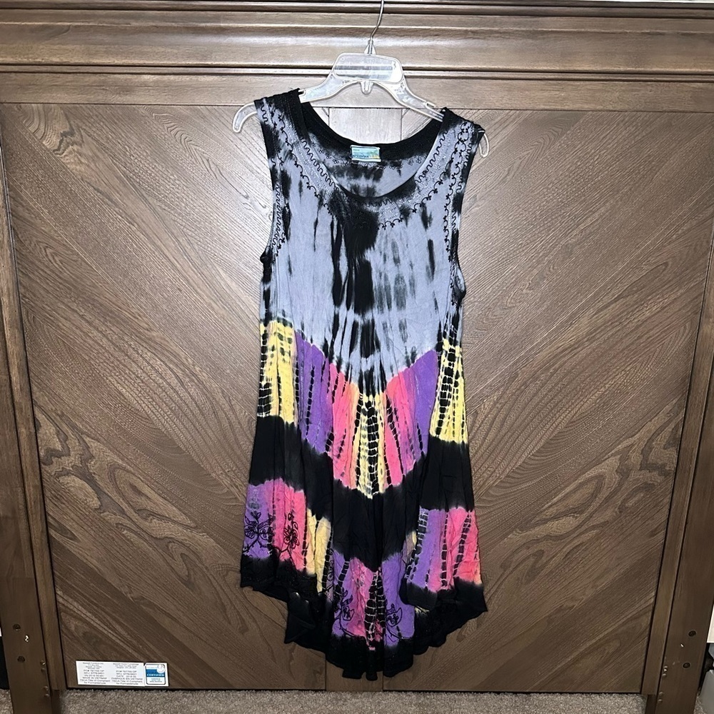 India Boutique Dress Free Size Colorful Tie Dye Embroidered Flowy Dress